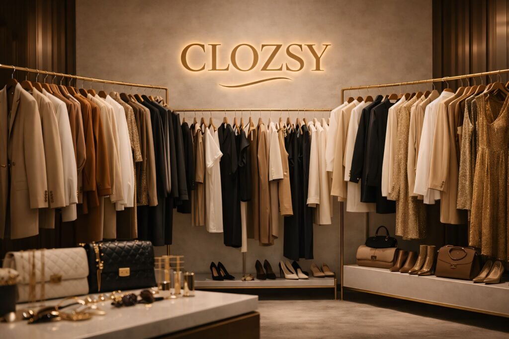 Rails of coats, blazers and dresses beside handbags and shoes in the Clozsy boutique.
