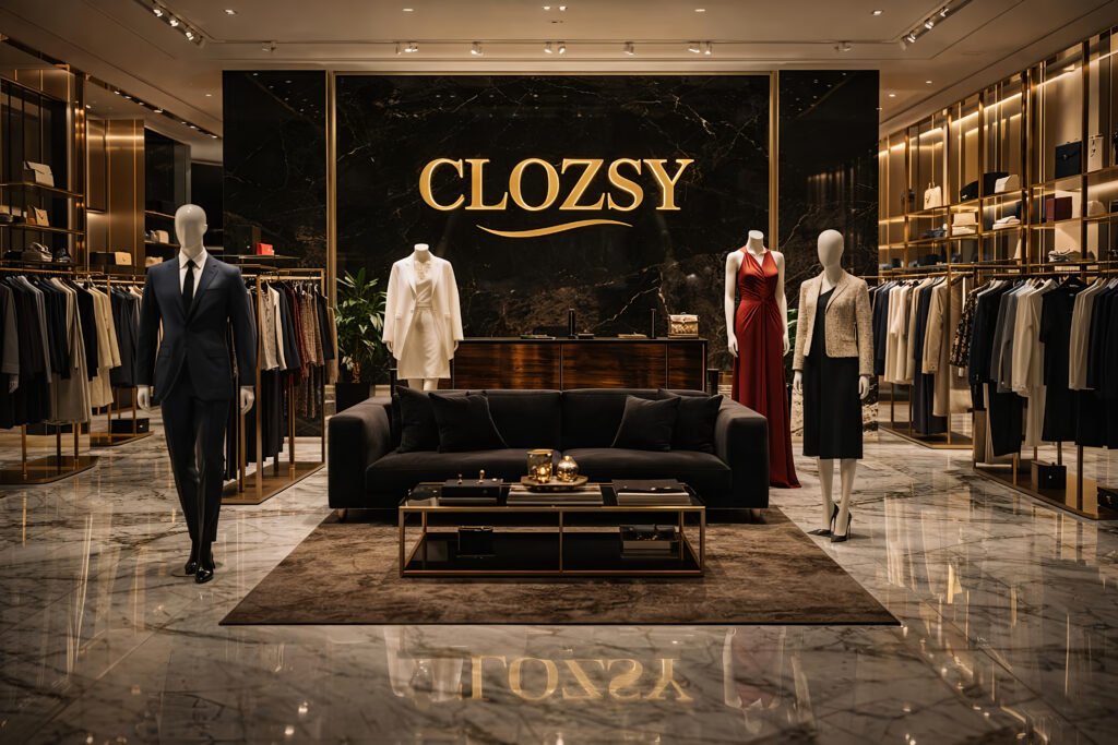 The Clozsy boutique, with tailoring and eveningwear displayed beneath the Clozsy wordmark in gold.
